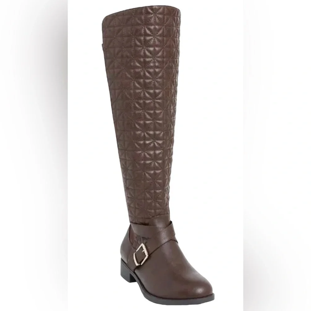 Torrid Brown Faux Leather Quilted Strappy Over Knee-High Boot Size 9W.